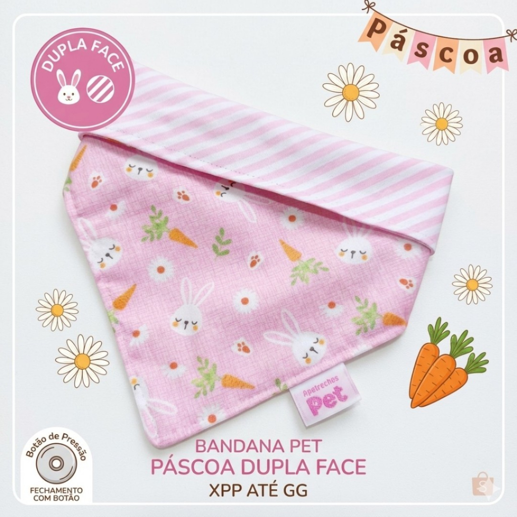 Bandana Pet Dupla Face Rosa de Páscoa Coelhinhos - Tamanho XPP ao GG para Cães e Gatos