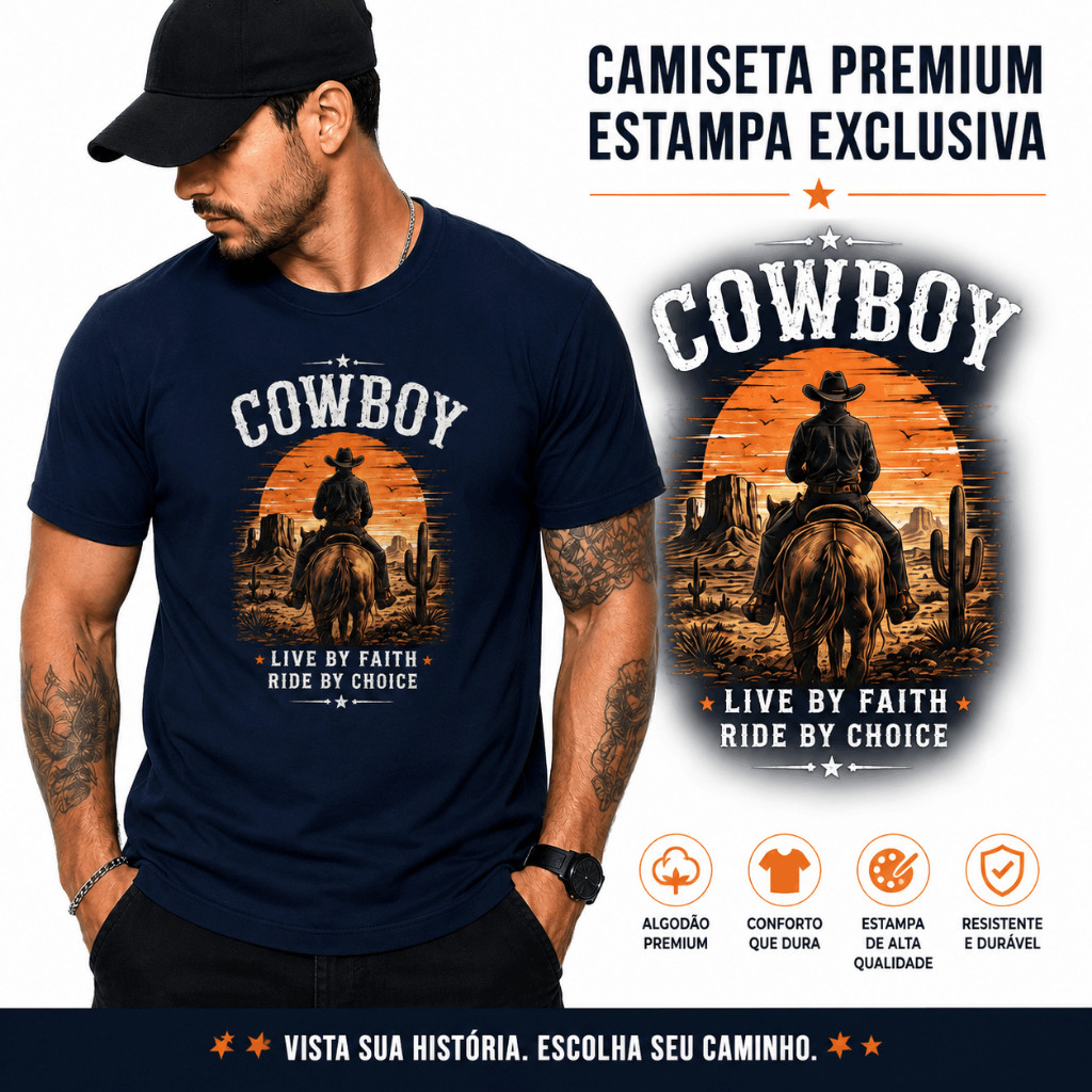 Camiseta Cowboy Live By Faith Ride By Choice | Western Country | Premium 100% Algodão | Estampa Exclusiva