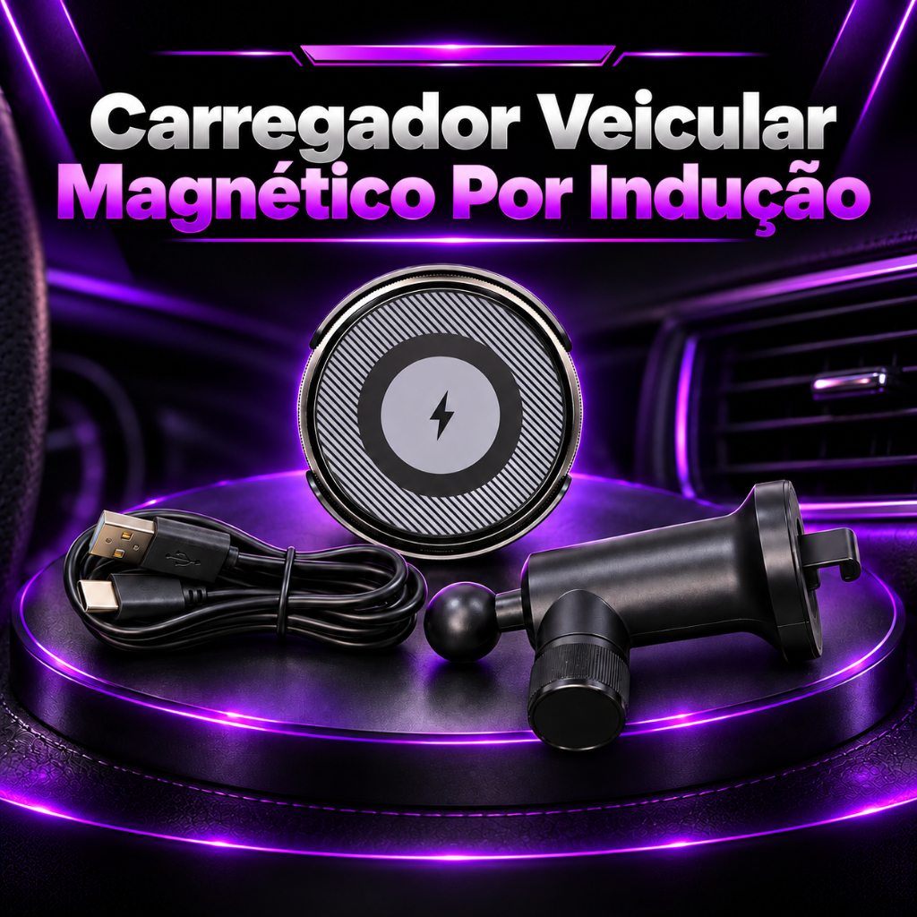 Carregador Veicular Magnético Por Indução 15W Wireless Para Smartphone Rotação 360° USB Type-C Sem Fio Carro Saída De Ar
