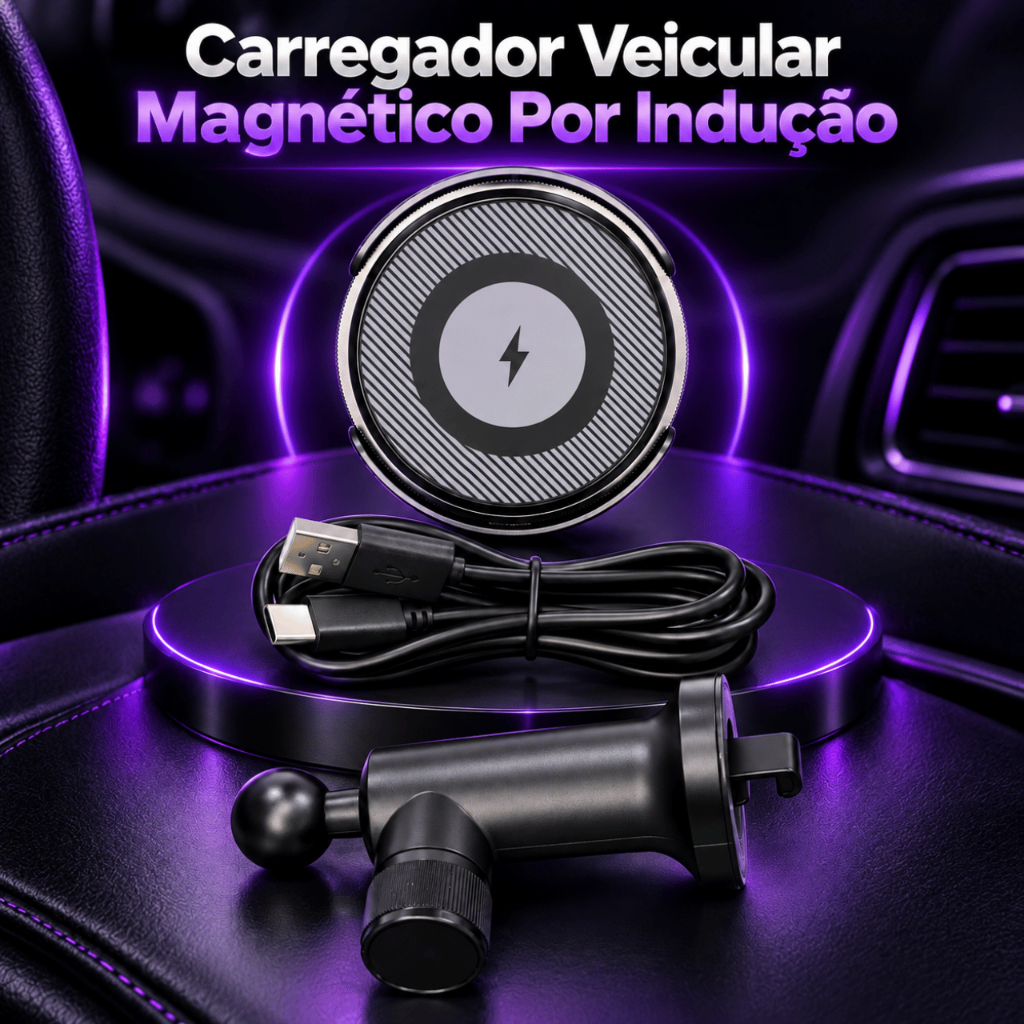 Suporte Veicular Com Carregamento Por Indução Wireless USB-C Saída De Ar Com Rotação 360° Fixação Magnética Para Celular