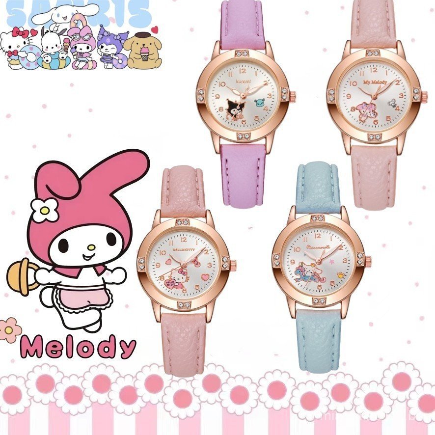 Sanrio Kuromi Melody Cartoon Watch for Kids Girls Hello Kitty Cinnamoroll Rose Gold Diamond Latest Students Watches Gift