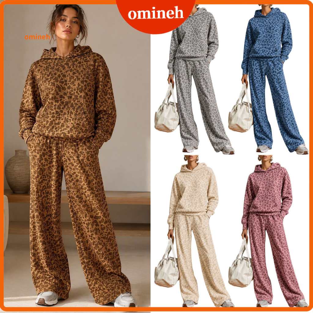 Comfortable Women Tracksuit Matching Sets Women’s Leopard Print Hoodie Wide Leg Pants Set – Two-piece Lounge Outfit