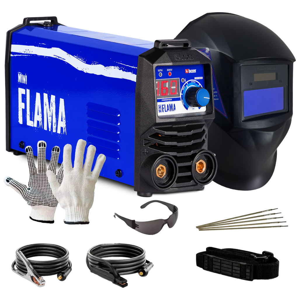 Maquina De Solda Mini Flama Eletrodo 160A MMA TIG Lift Bivolt Boxer + Máscara de Solda + Kit EPI