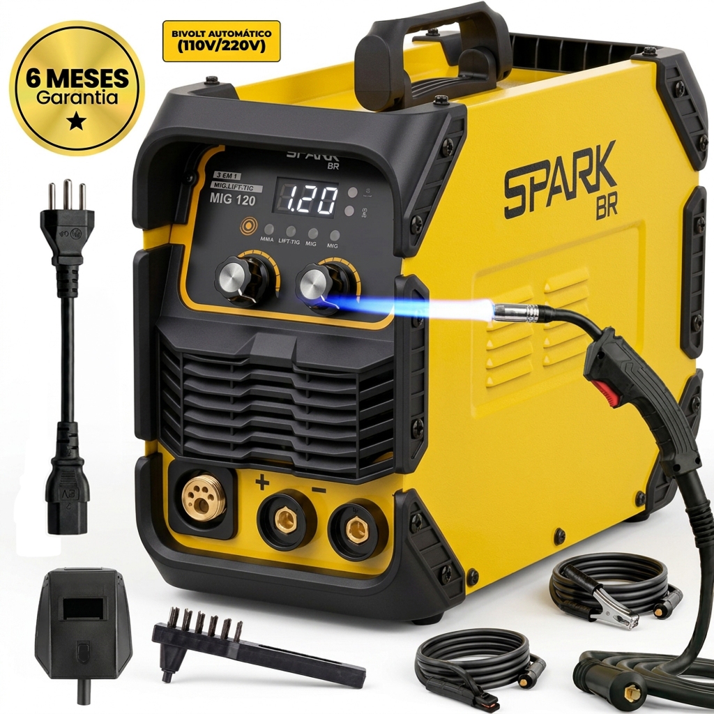 Máquina de Solda Profissional Inversora 120A MIG MMA TIG Lift 3 em 1 Bivolt Sem Gás Spark BR AMG-W02