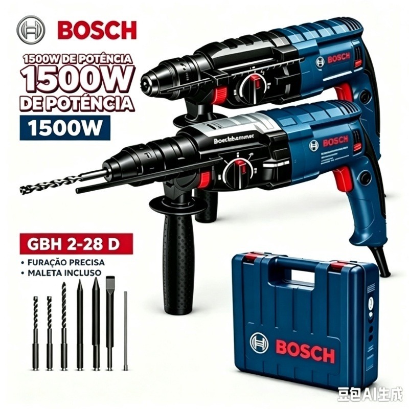 Bosch Original GBH 2-28D 1500W 3.2J Professional Rotary Hammer Drill with SDS Plus, complete toolbox.