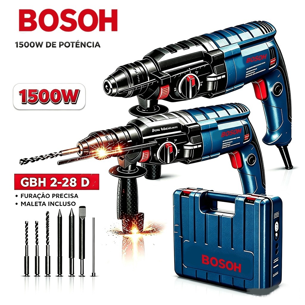 Bosch GBH 2-28D 1500W 3.2J Professional Rotary Hammer Drill with SDS Plus, complete toolbox.