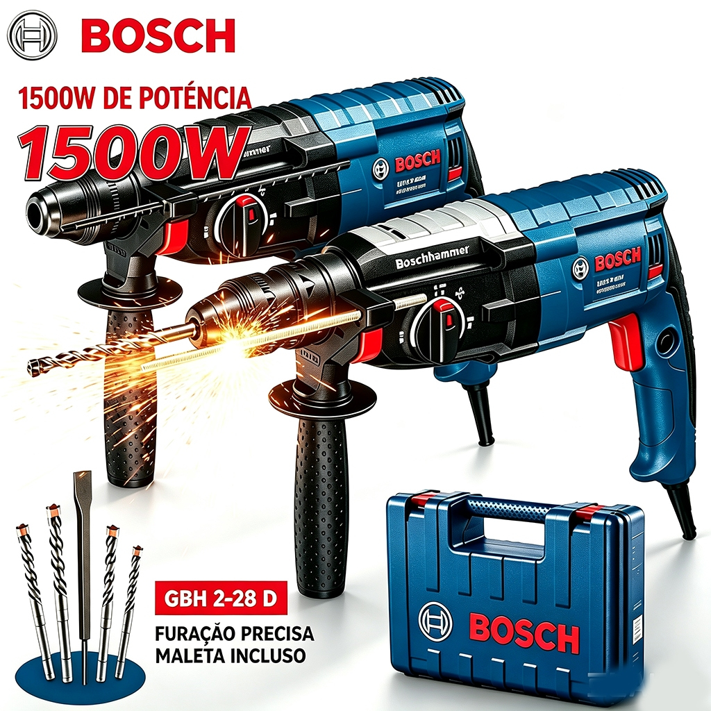 Bosch GBH 2-28D SDS Plus 10mm 3-in-1 Original Professional Rotary Hammer Drill, 1500W, with Carrying Case and Drill Bits