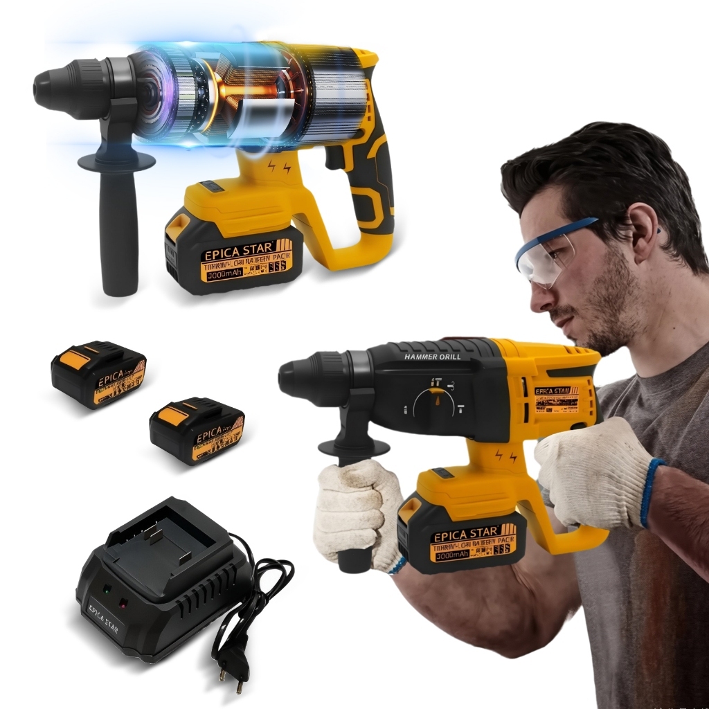 21V Professional Rotary Hammer - 2 Batteries, 5300bpm, 4 Functions, Complete Kit with Box