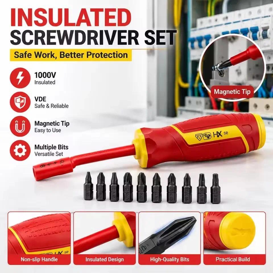 11 Em 1 Conjunto De Chave De Fenda Isolada Magnética Phillips Bits Intercambiáveis Multi-Purpose Eletricista Ferramenta