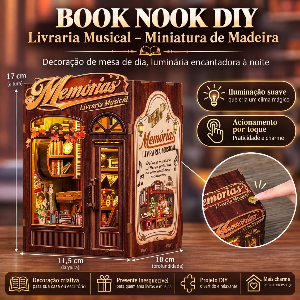 Original Cutebee Book Nook DIY Livraria Musical – Quebra-Cabeça 3D de Madeira