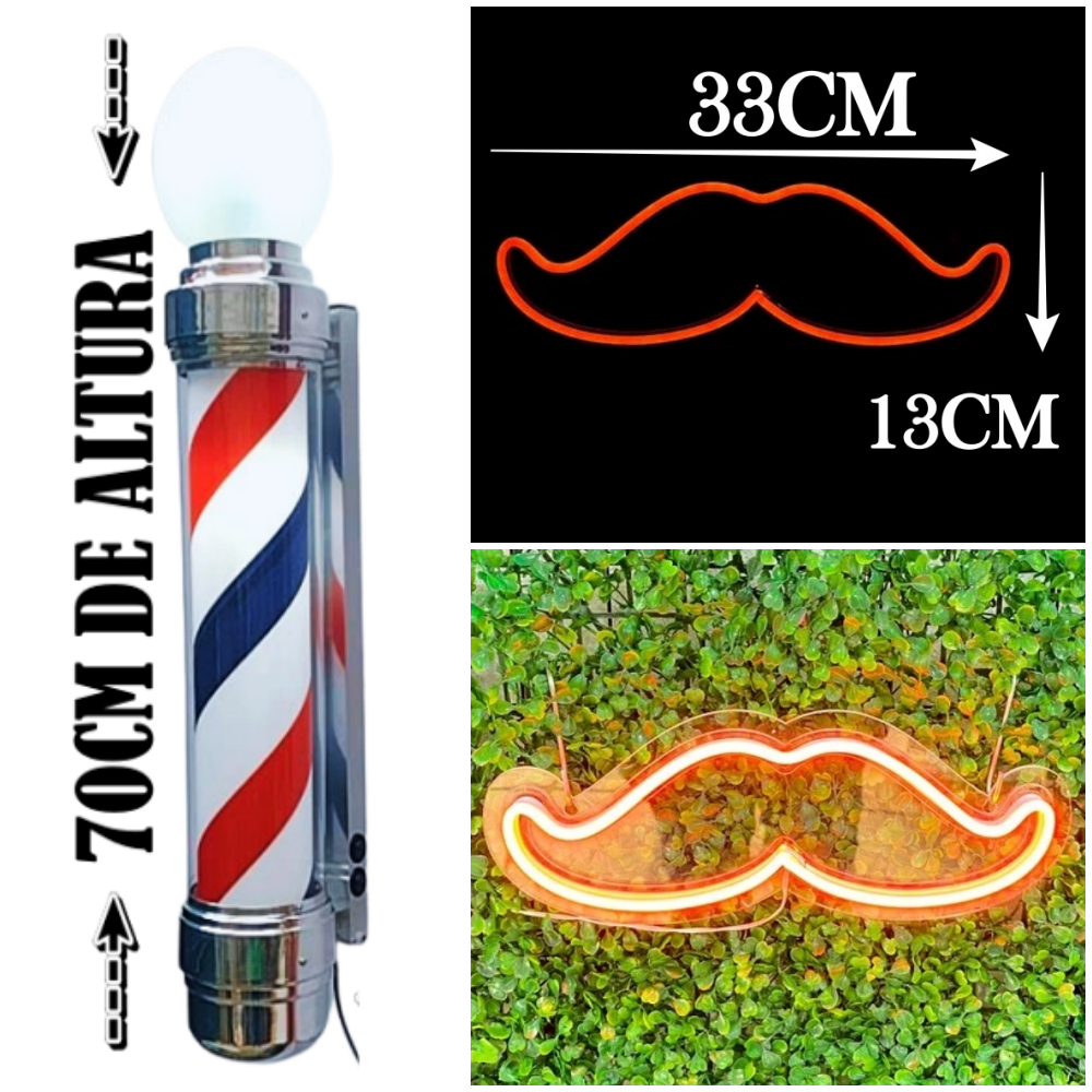 KIT BARBER POLE GIRATÓRIO 70CM + BIGODE DE ACRÍLICO E LED 110V/220V