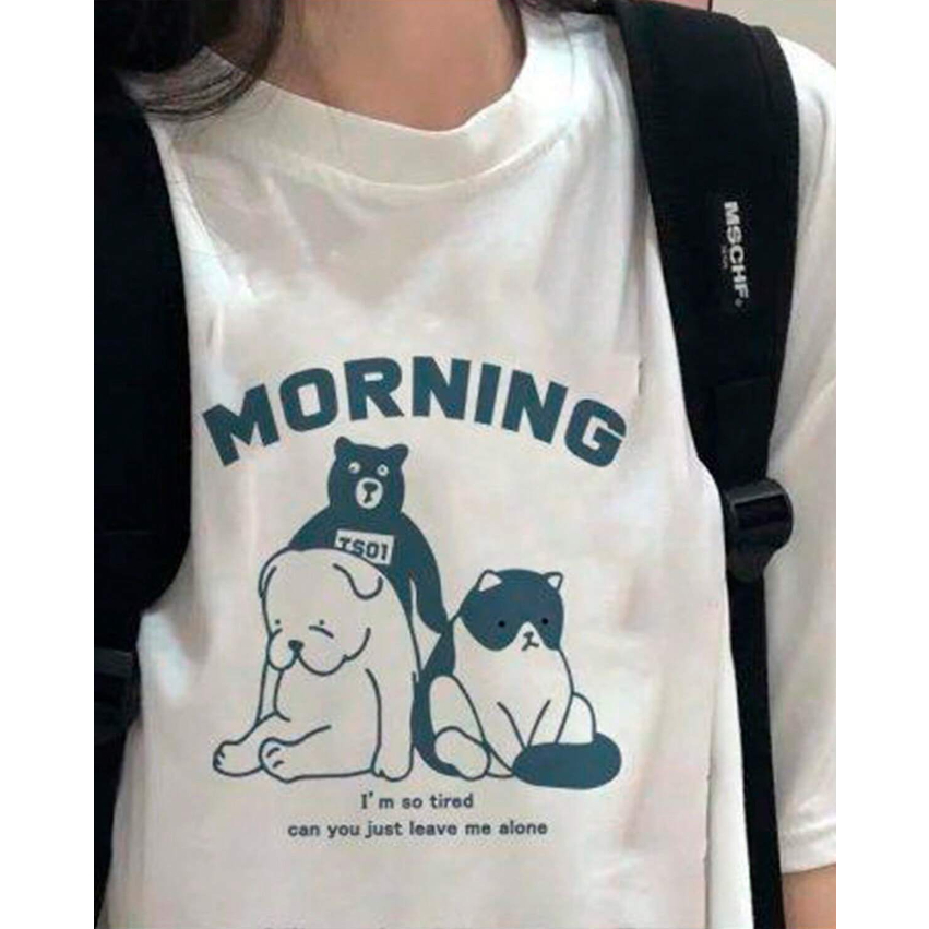 Camiseta Morning Estou Cansado Urso Gato Cachorro Oversized Masculino Style