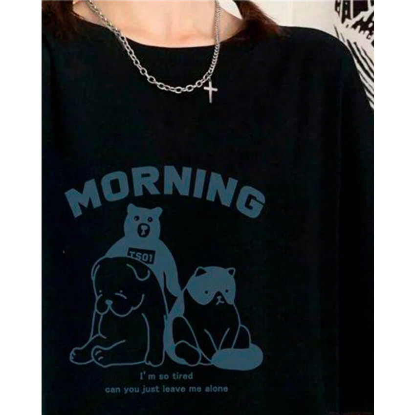 Camiseta Morning Estou Cansado Bear Cat Dog Ombro Caido Streetwear Top