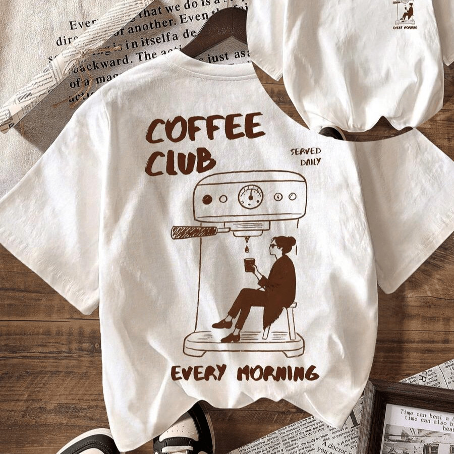 Camiseta feminina 100% algodão coffe club every morning t-shirt casual clube do café marrom