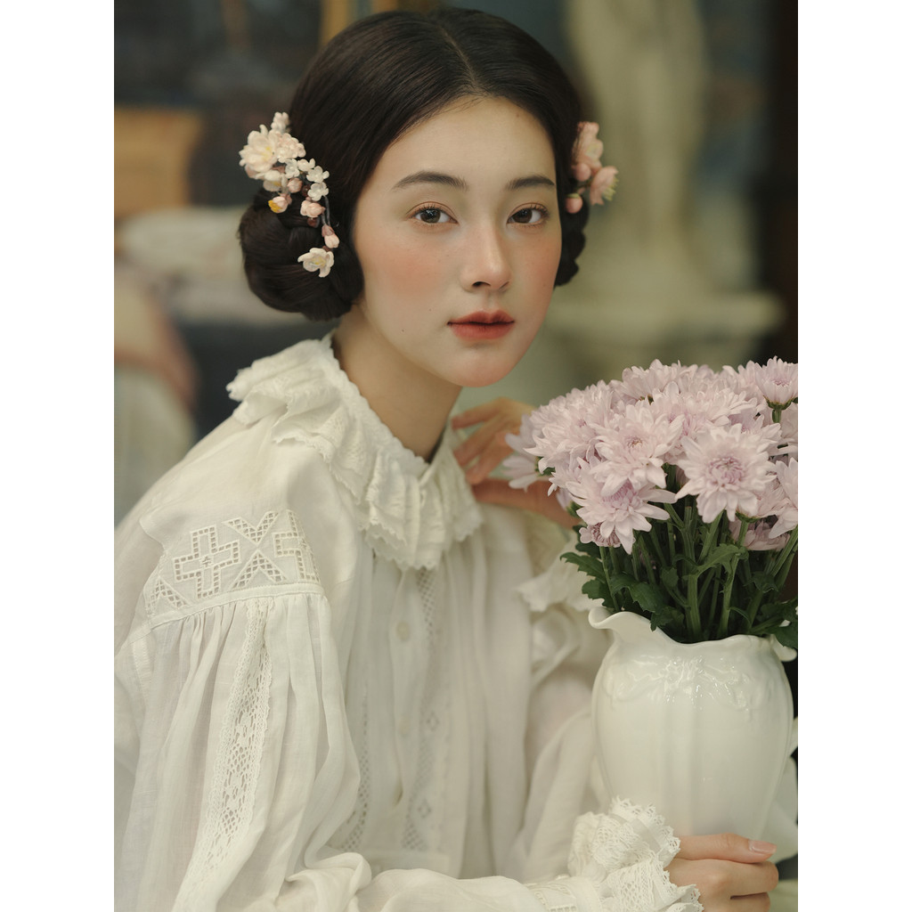 Morning Mist Overture 丨 2026 Primavera Novo Estilo 丨 Ramie Re-gravado Antigo Edward Renda Suave Top Feminino