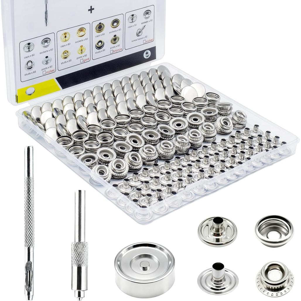Premium 60 Sets(240pcs) 15mm Snap Button Kit, Marine Grade Stainless Steel Canvas Snap Kit with 3 Setting Tools, Heavy D