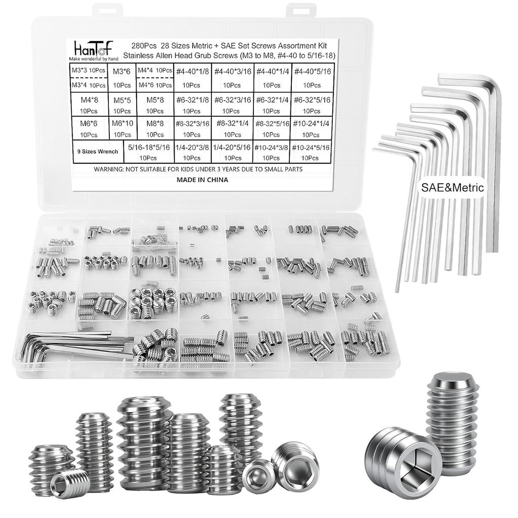 280 Pcs 28 Sizes Set Screw Assortment Kit, Metric & SAE Allen Grub Screws for Bathroom Fixture 304 Stainless Steel Inter