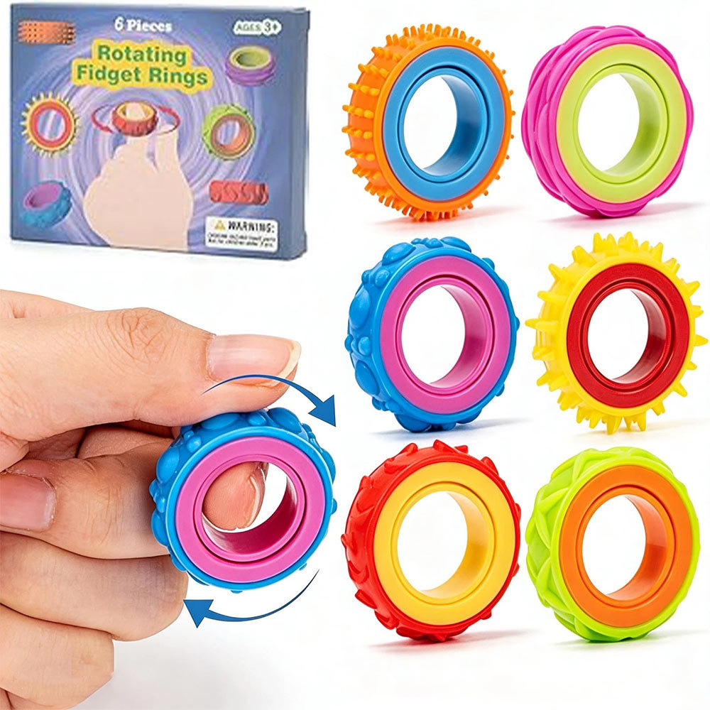 6 Pack Rotating Fidget Rings, Spiky Magnetic Fidget Rings Anti-Anxiety Sensory Toys