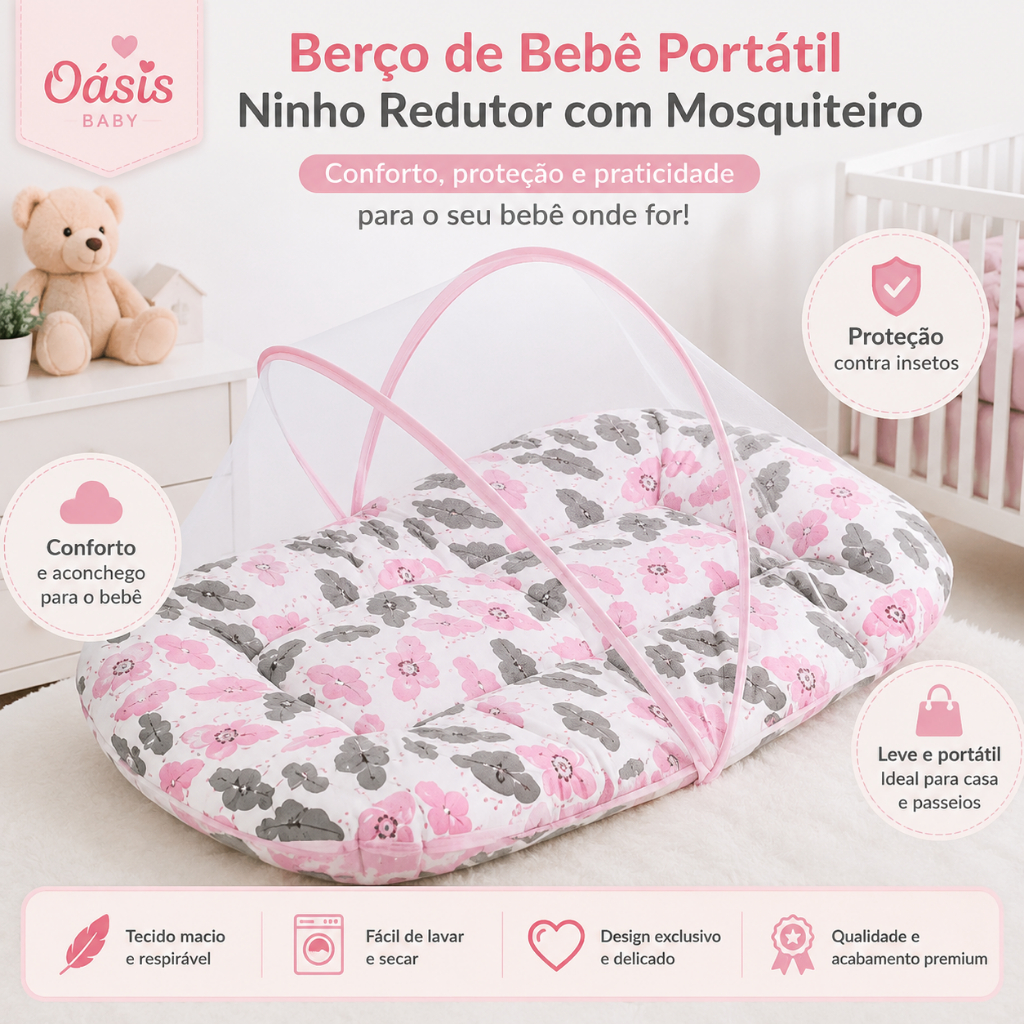 Berço de Bebê Portátil Ninho Redutor Com Mosquiteiro Ajustável - Menina Menino