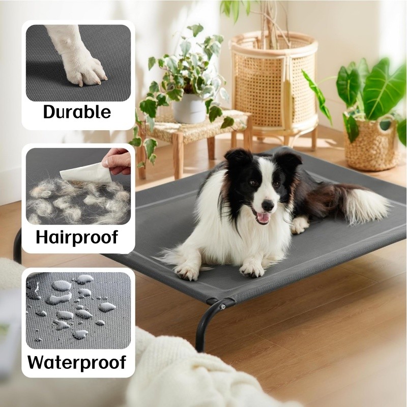 Cama Elevada Portátil De Preto Para Cães Com Estrutura De Malha Respirável Para Uso Interno E Externo