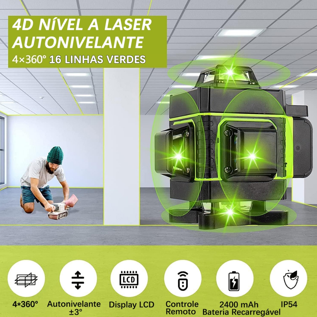 Nivel Laser Verde Profissional Autonivelamento 16 Linhas 20 Metros Eixo Cruz Portatil Precisao