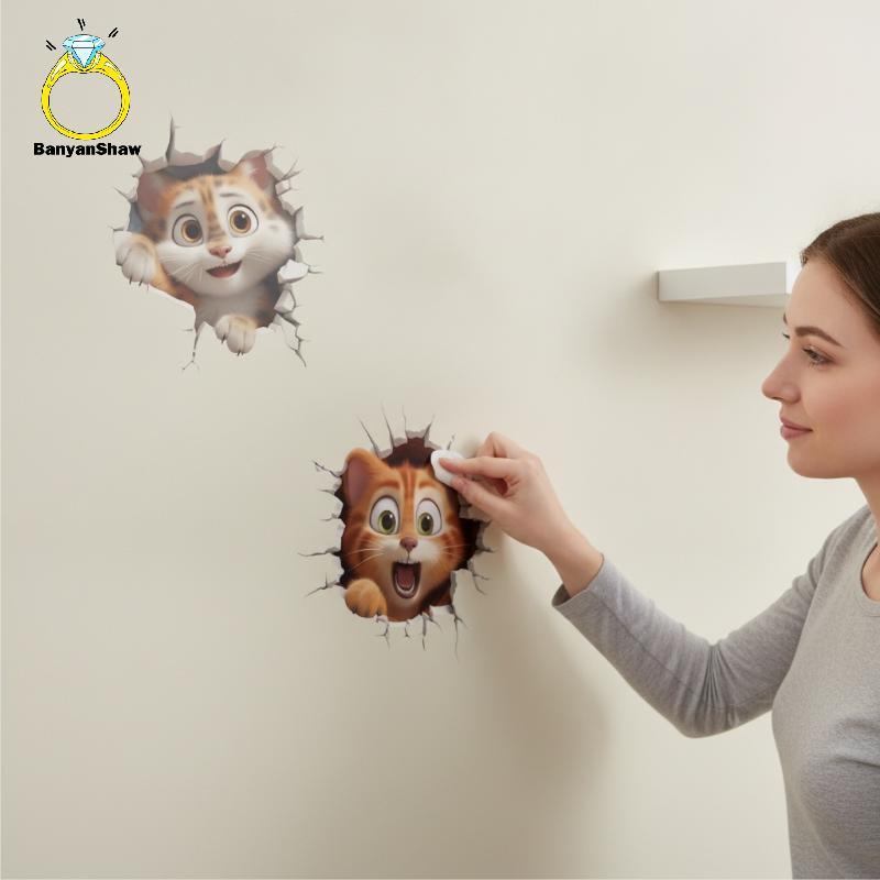 [BANY] Stiers De Parede De Mouse De Gato De Desenho Animado 3D Hole Design Decalques Removíveis Autoadesivos De PVC Para