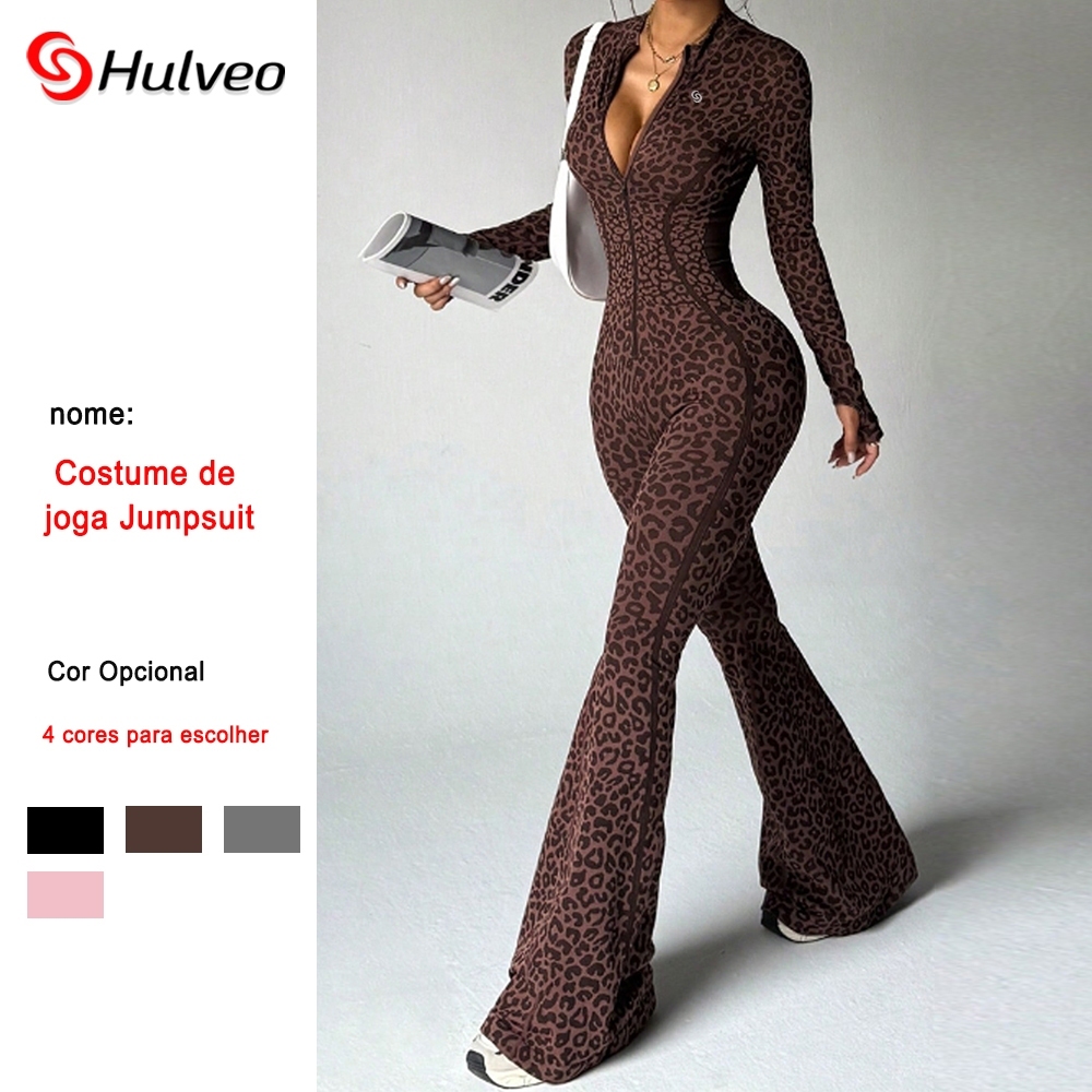 Hulveo Leopard Print Zipper One Piece Yoga Wear Calças largas de manga comprida Roupa de Fitness de uma peça Slim-