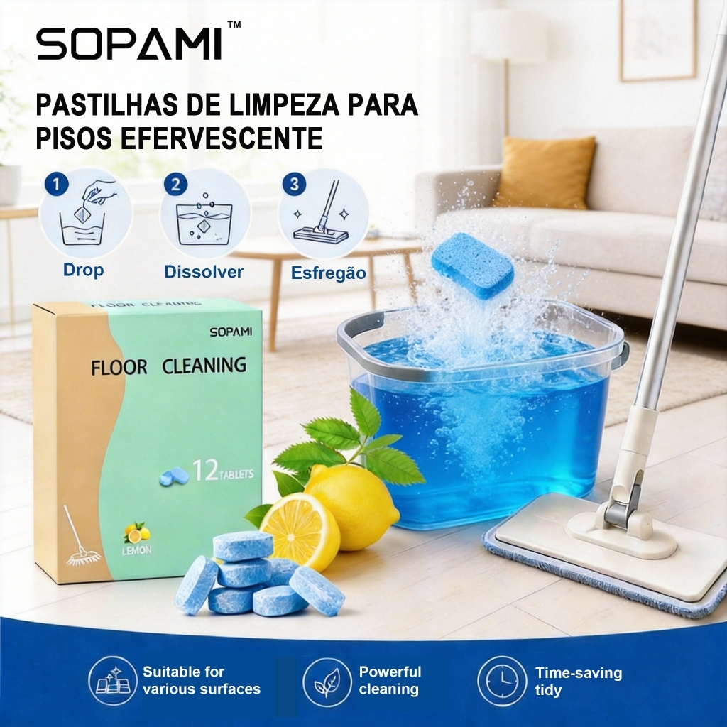 SOPAMI Floor Cleaning Effervescent Tablets 12 Peças ,Lemon Scent Limpeza poderosa for Indicado para diversas superfícies
