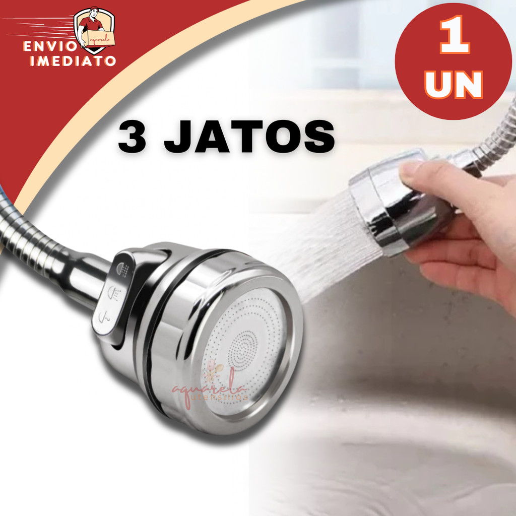 Bico Extensor Chuveirinho Torneira Giratório 360 Graus Adaptador C/ 3 Jatos pia Tubo, P/ Torneiras Gourmet C/ Arejador
