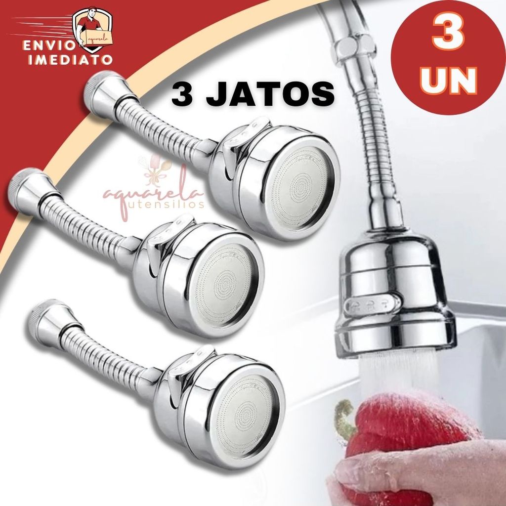 Bico Extensor Chuveirinho Torneira Giratório 360 Graus Adaptador C/ 3 Jatos pia Tubo, P/ Torneiras Gourmet C/ Arejador