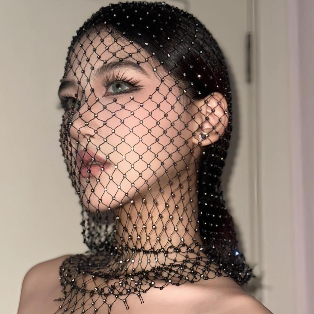 Strass Fishnet máscara facial High-End sentido Festival de música piscando diamante cabeça capa foto adereços único cria