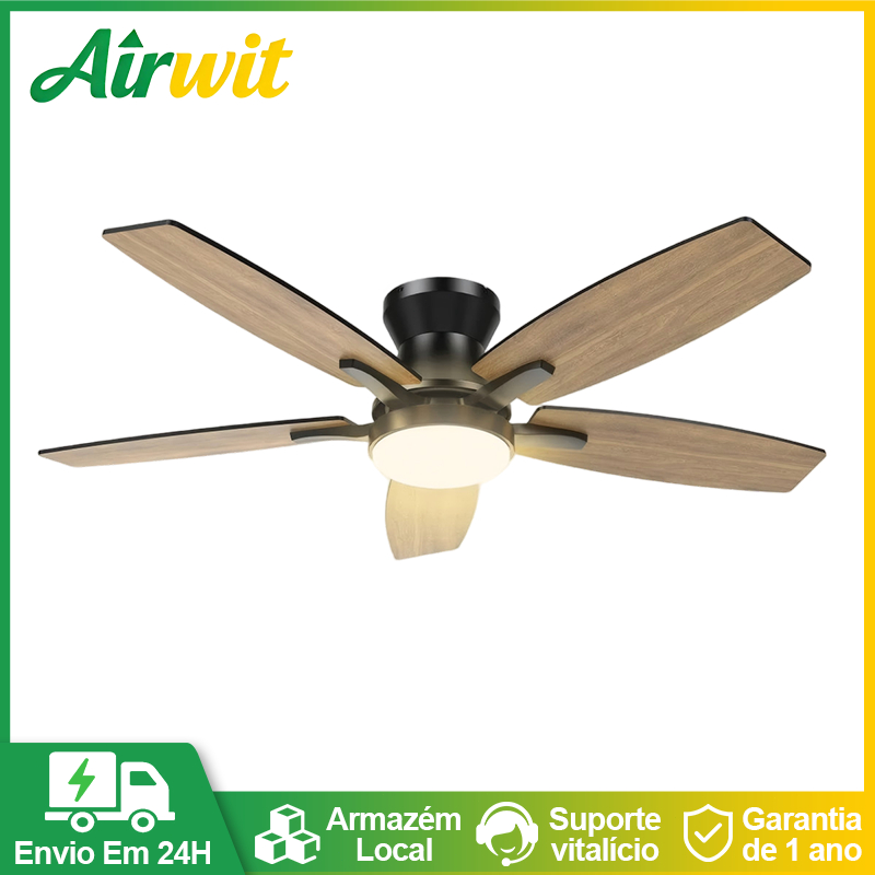 Airwit 42 inch 5 Pás Ventilador de Teto com Luminária LED Controle Remoto Flush Mount 6 Velocidades Econômico