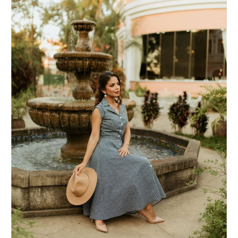 Usado Vestido Midi Vichy Azul Marinho, G, Key