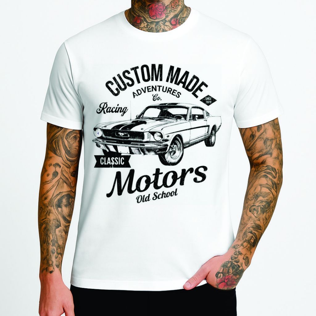 Camiseta Mustang Custom Made Classic Motors Unissex e Baby Look Feminina Carro Antigo Vintage