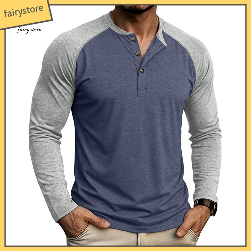 Breathable Gym Fitness Gear Long Sleeve Casual Button Tops Men's Raglan Color Block T-shirt Vintage Neck Basic Tee for f