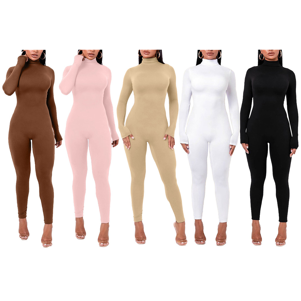 inhzoy  Women Solid Color High Collar Long Sleeves Stretchy Long Jumpsuit Bodysuit for Gym Yoga Fitness Workout