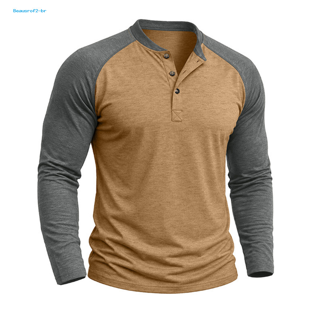 Long Sleeve Casual Button Tops Easy Care Daily Wardrobe Men's Raglan Color Block T-shirt Vintage Neck Basic Tee for Gym
