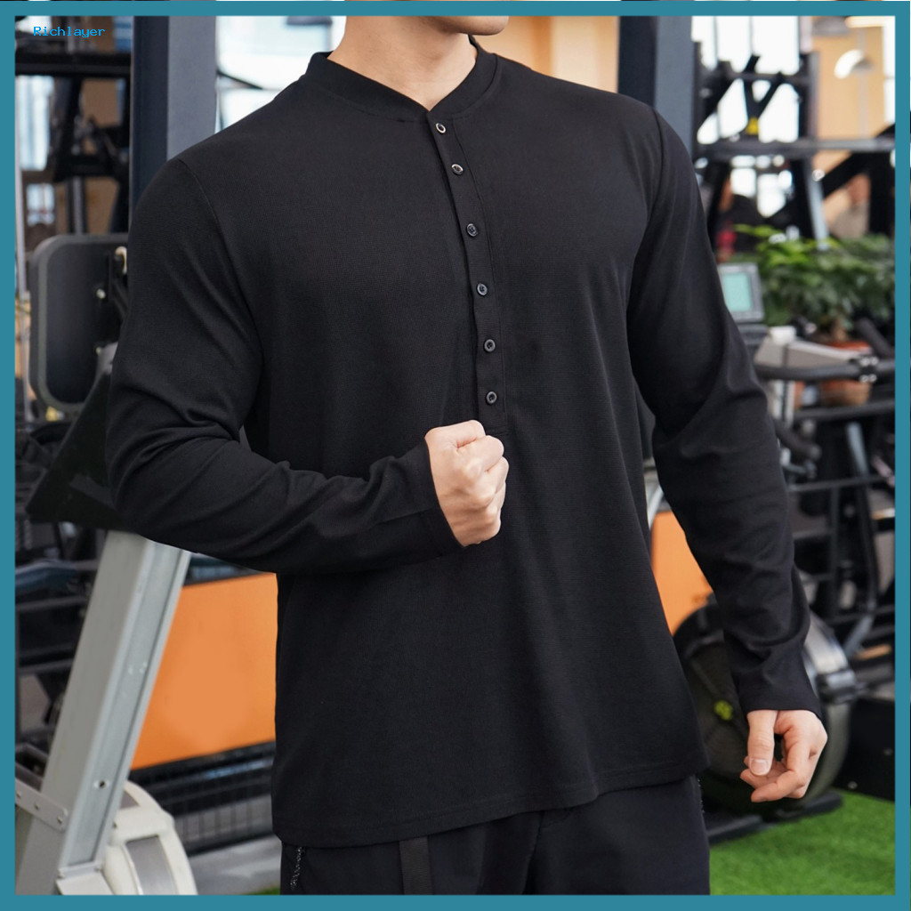 Sweatpants Matching Top Buttoned Neckline Shirt Men's Long Sleeve Muscle T-shirt Gym Fitness Crewneck Casual Workout Ath