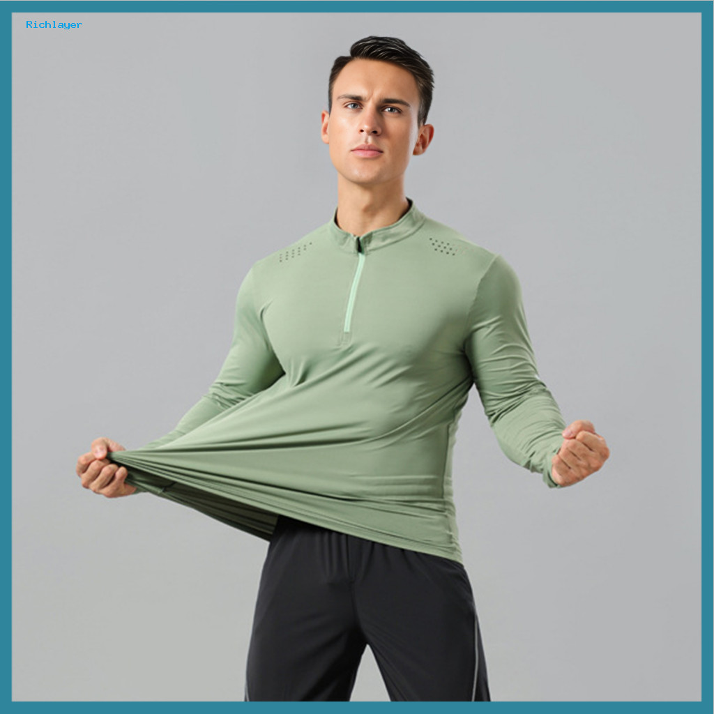 Nylon Spandex Men's Tee Running Shirt Quick-dry Long Sleeve Athletic with Quarter Zipper – Lightweight Workout Gym Jog