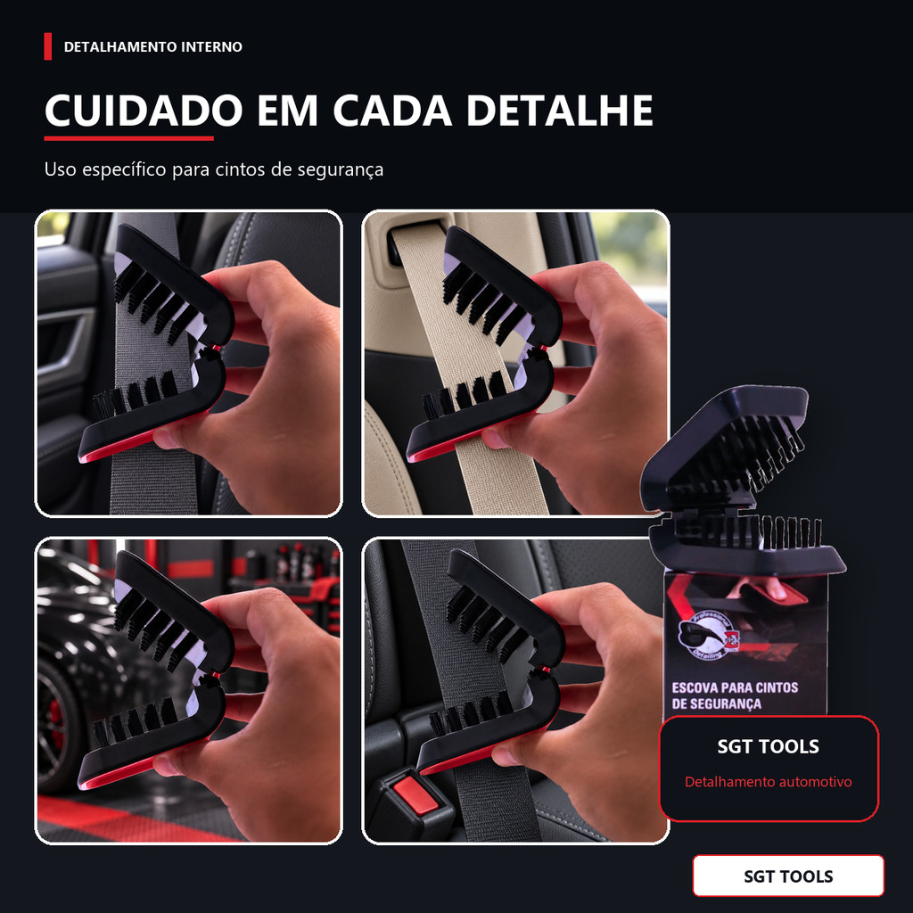 Escova Dupla Face Limpa Cinto de Segurança Sigma Tools SGT Limpeza Automotiva Cerdas Flexíveis Detalhamento