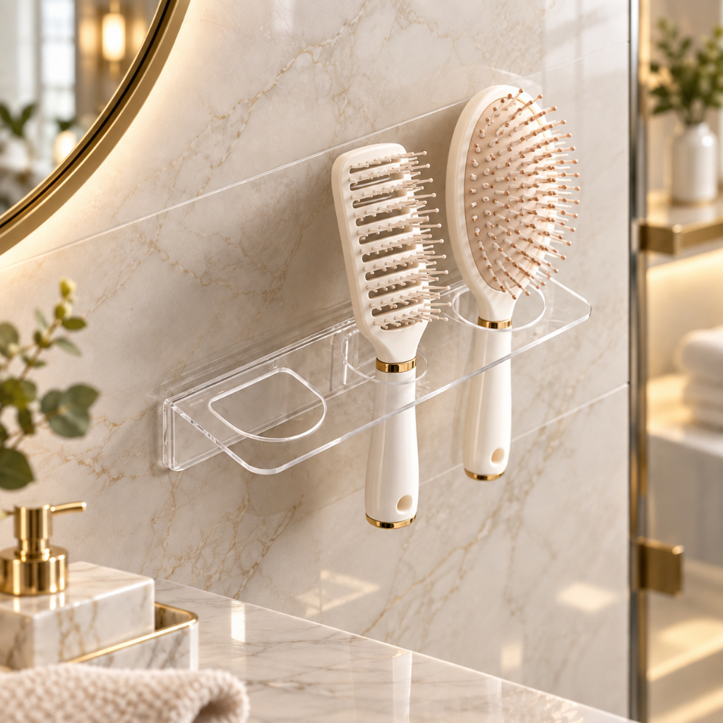 Organizador de Escova de Cabelo Acrílico - Design Sofisticado com Fita Dupla Face