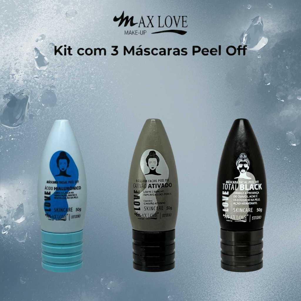 Kit com 3 Máscaras Peel Off - Ácido Hialurônico, Carvão Ativado, Total Black - Max Love