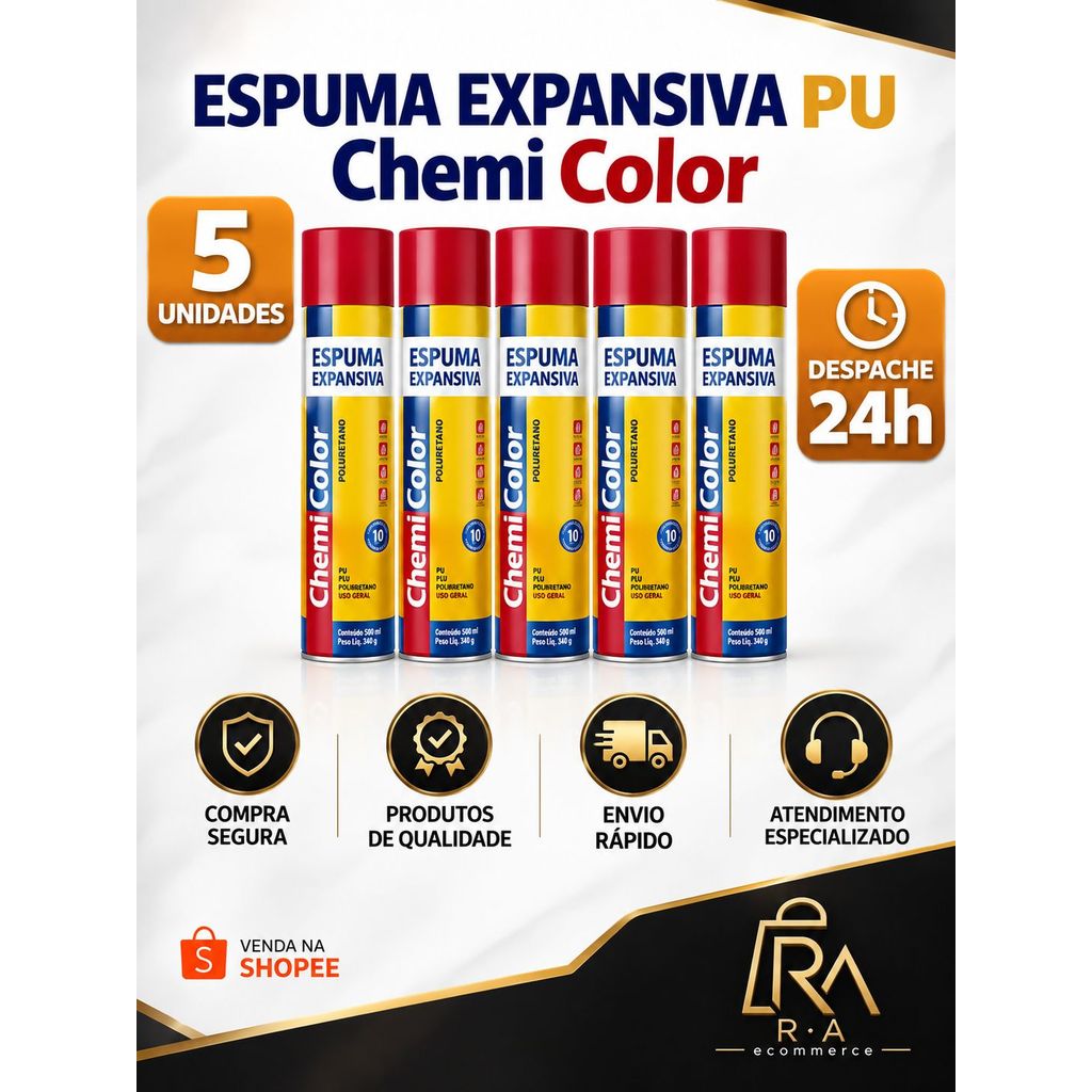 KIT 5 UnidadesEspuma Expansiva 500ml CHEMICOLOR UsoGeral para infiltração e Vedação, Portas Janelas Ar Condicionado.