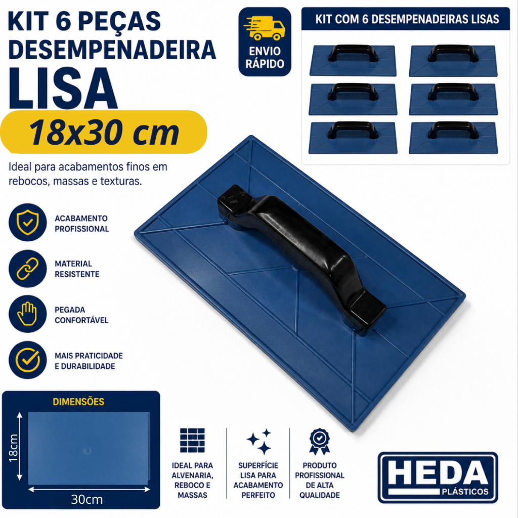 Kit com 6 Desempenadeiras 18x30 Lisa