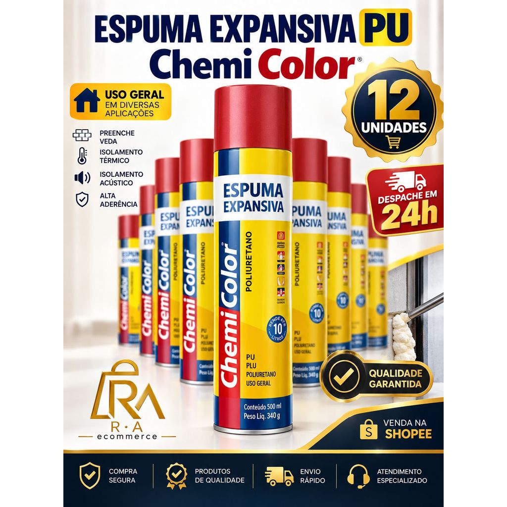 KIT 12 \ 6 Unidades Espuma Expansiva 500ml CHEMICOLOR Uso Geral Vedação Portas Janelas Ar Condicionado Preço Atacado