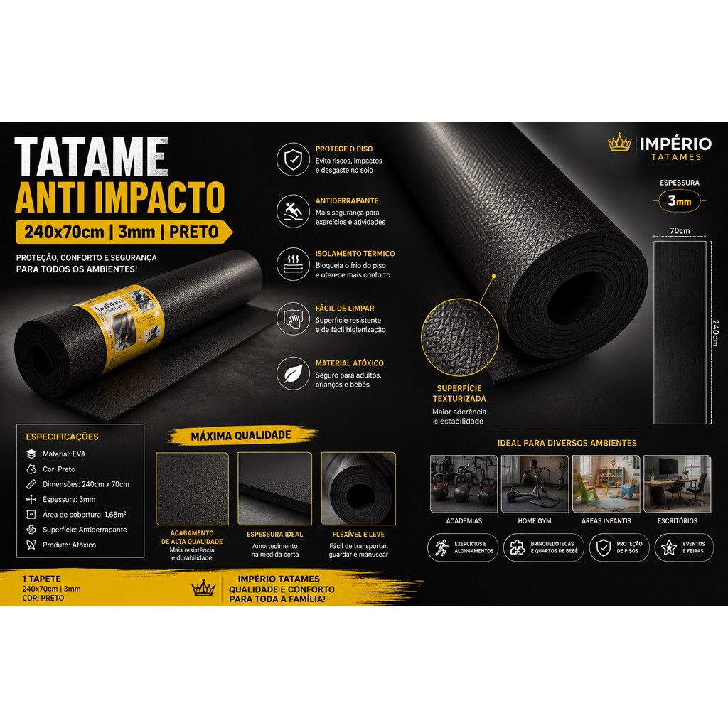 Tatame Tapete EVA Anti Impacto 240x70cm 3mm Preto