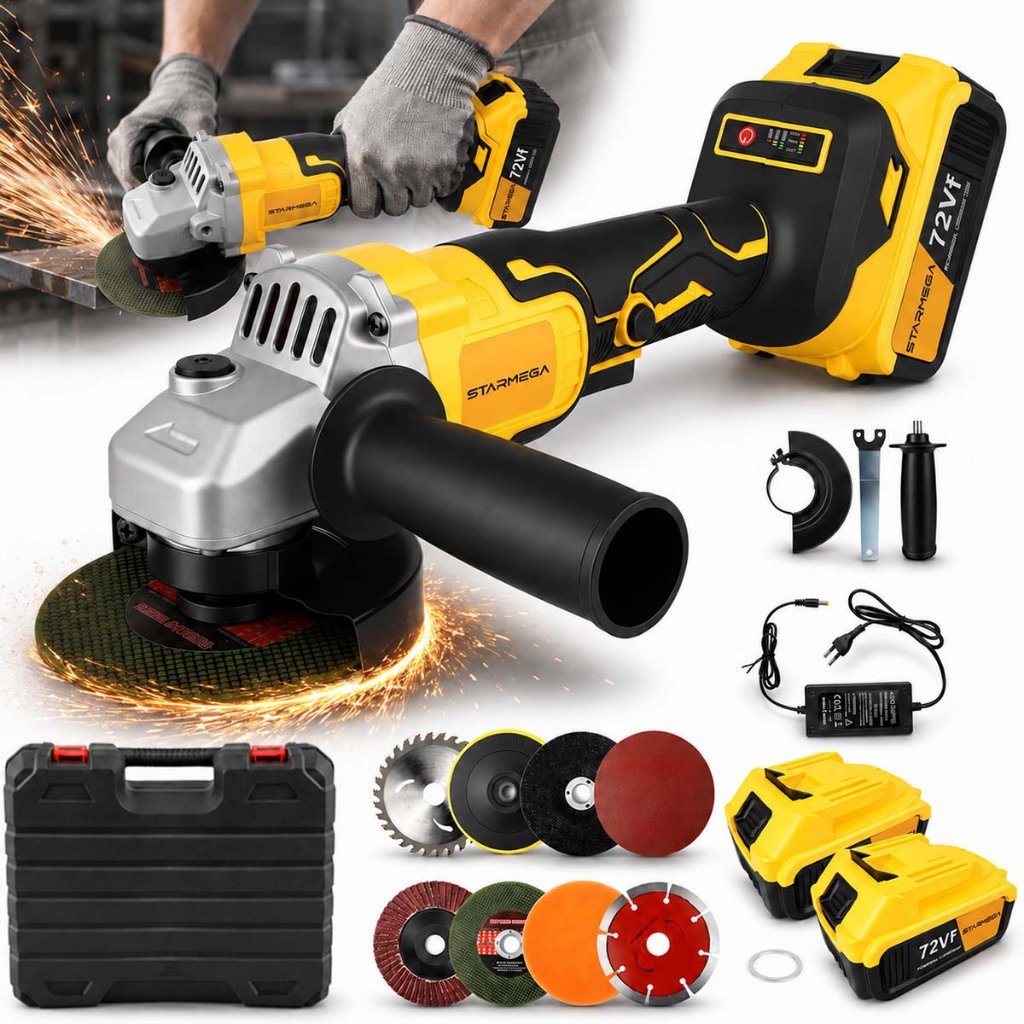 STARMEGA Angle Grinder 3000W 18000rpm 2 Batteries 72V Brushless Rechargeable Polisher 14 Acessórios