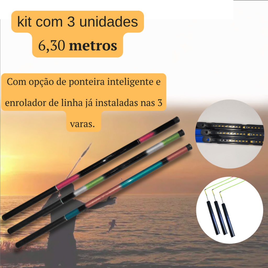 Kit 3 Varas de Pesca Telescópia (6,30m), 40% Carbono 12-22lbs