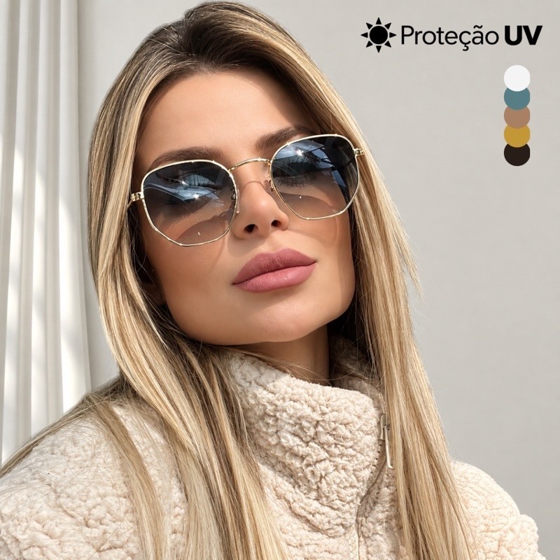 Óculos de Sol Feminino Hexagonal UV400 Lentes Policarbonato Modelo Universal Moda Blogueira