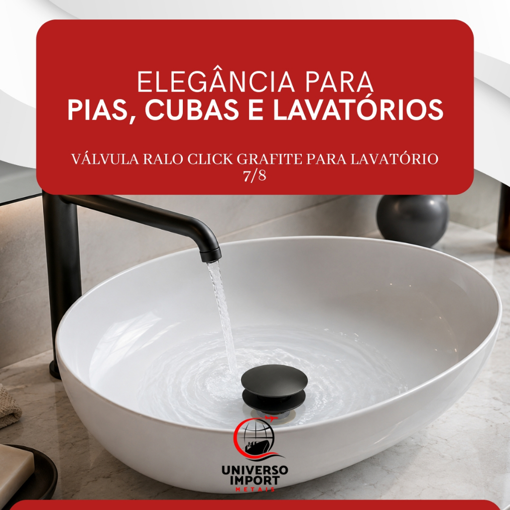 Válvula Click Grafite 7 8 Pia Banheiro Cozinha Lavatório Ralo Pop Up Acabamento Moderno